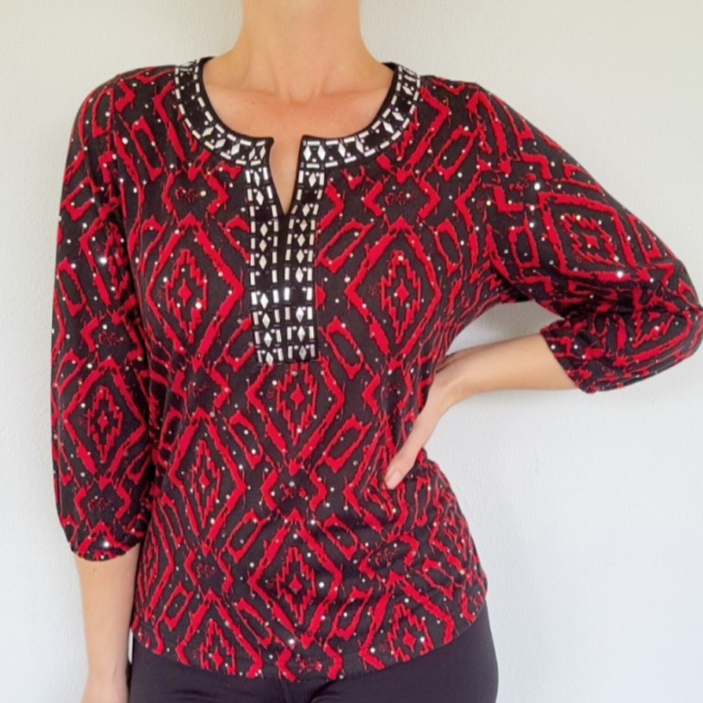 Vintage C.D. Petites red black tribal beaded metallic dot 3/4 sleeve top medium